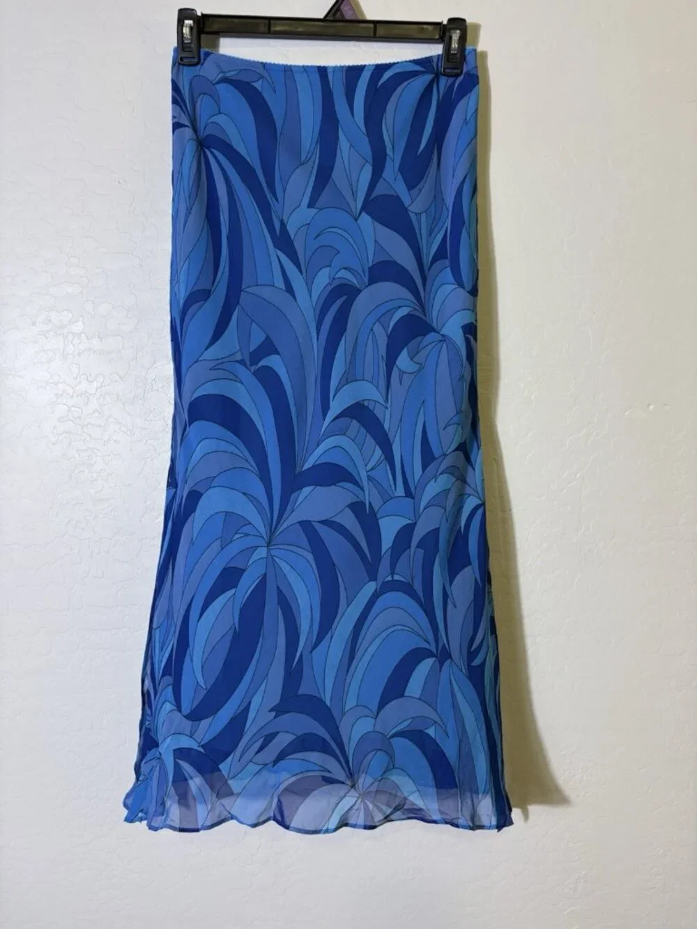 Vintage Y2K Express Blue Silk Sheer Overlay Maxi Skirt Abstract Pattern M Retro